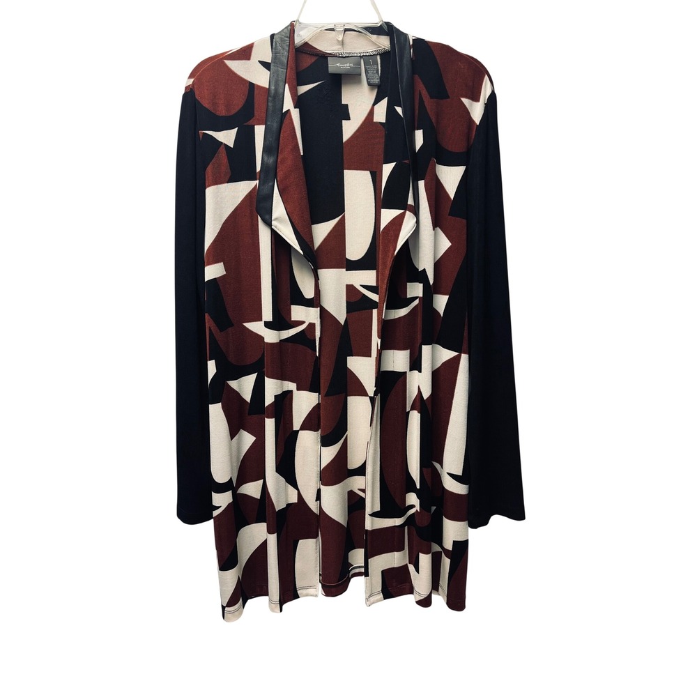 Chico's Travelers Cardigan 1 Geo Abstract Faux Leather Trim Office‎ Bold Artsy
